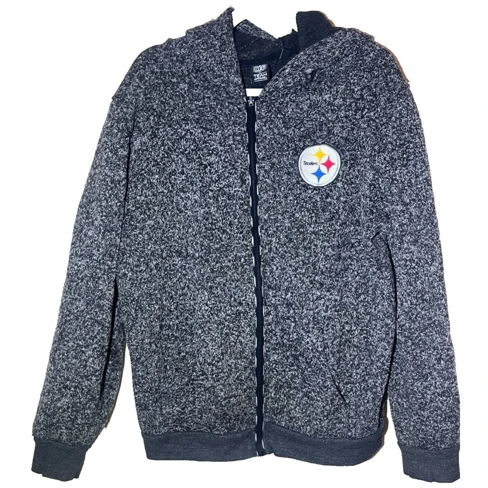 Pittsburgh Steelers NFL Full Zip Up Gray Fleece Lined Hoodie Sweater Size L